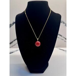 K18 Gold Tone Red Enamel Sunburst Locket Necklace Vintage Style